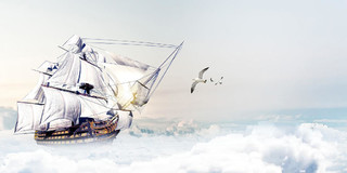蓝色场景大气帆船云海太阳海鸥世界航海日展板背景世界海航日背景